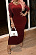 Dark Red Casual Stripe Half Sleeve V Neck Slim Fitting Split Plaid Dress WP6112-2