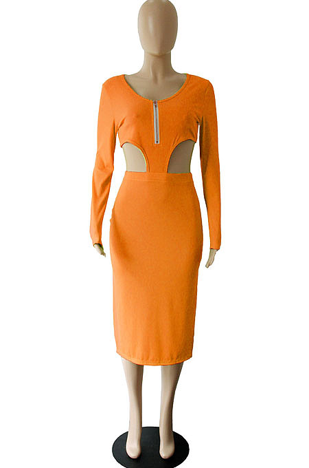 Blue Sexy Women's Knitting Ribber Long Sleeve Waist Hollow Out Zipper Split Dress WP6109-3