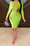 Orange Sexy Women's Knitting Ribber Long Sleeve Waist Hollow Out Zipper Split Dress WP6109-1