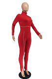 Peacock Blue Simple New High Collar Back Zipper Casual Bodycon Jumpsuits ZQ8128-1