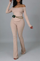 Apricot Fashion Ribber Off Shoulder Split Tops Flare Pants Slim Fitting Two-Piece ZDD31175-3