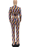 Mulitcolor Printed Fashion Long Sleeve Lapel Neck Back Bandage Cardigan Tops Trousers Suit ZQ8126