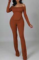 Orange Fashion Ribber Off Shoulder Split Tops Flare Pants Slim Fitting Two-Piece ZDD31175-2