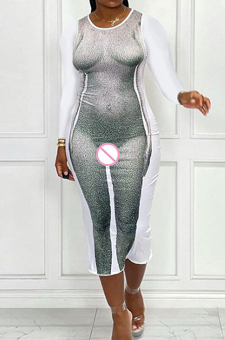 White Autumn Winter Fashion Human Body Printing Round Collar Long Sleeve Bodycon Long Dress DLS08255-2