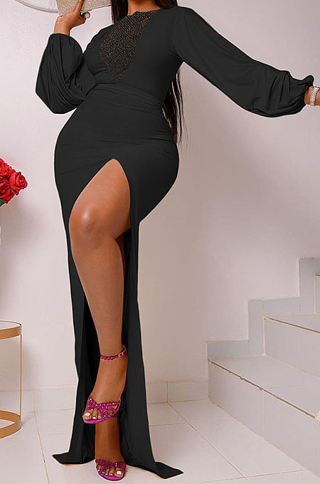 Black Sexy Elegant V Mesh Spliced Slim Fitting High Split For Party Maxi Dress WP6118-3