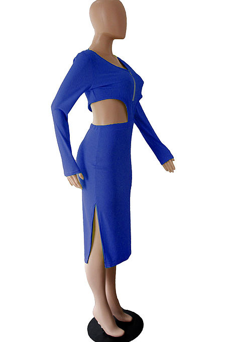 Orange Sexy Women's Knitting Ribber Long Sleeve Waist Hollow Out Zipper Split Dress WP6109-1