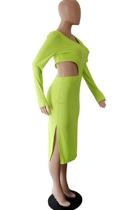 Orange Sexy Women's Knitting Ribber Long Sleeve Waist Hollow Out Zipper Split Dress WP6109-1