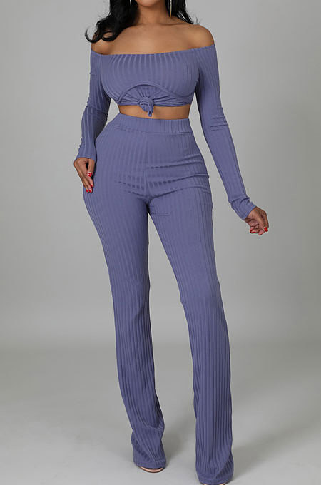 Light Purple Fashion Ribber Off Shoulder Split Tops Flare Pants Slim Fitting Two-Piece ZDD31175-1