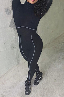 Black Simple New High Collar Back Zipper Casual Bodycon Jumpsuits ZQ8128-4