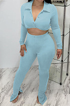 Light Blue Sexy Women's Thick Long Sleeve Crop Cardigan Trousers Plain Suit BBN217-2