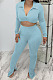 Light Blue Sexy Women's Thick Long Sleeve Crop Cardigan Trousers Plain Suit BBN217-2