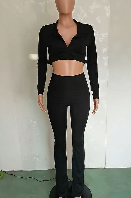 Black Sexy Women's Thick Long Sleeve Crop Cardigan Trousers Plain Suit BBN217-3