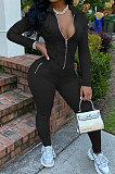 Black Women's Sport Fashion Casual Solid Color Zipper Bodycon Pants Sets SH7291-1