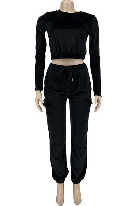Black Casual Velvet Long Sleeve Round Neck Crop Jogger Pants Plain Suit CYY00038-3