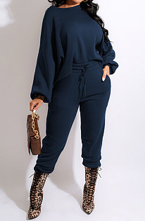 Blue Simple Velvet Pure Color Long Sleeve Hoodie Trousers Sport Suit BM7237-5