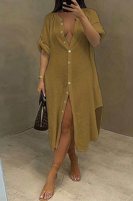 Coffee Simple High Quality Long Sleeve Single-Breasted Shirts Dress BM7236-1