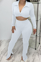 White Sexy Women's Thick Long Sleeve Crop Cardigan Trousers Plain Suit BBN217-4