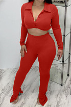 Red Sexy Women's Thick Long Sleeve Crop Cardigan Trousers Plain Suit BBN217-1