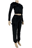 Champagne Casual Velvet Long Sleeve Round Neck Crop Jogger Pants Plain Suit CYY00038-1