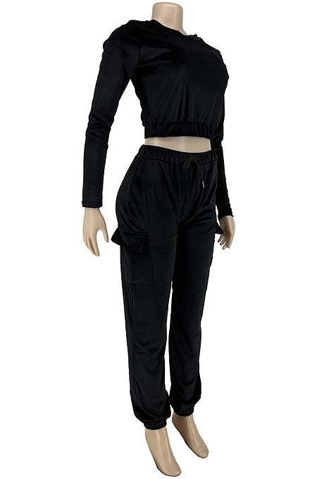 Champagne Casual Velvet Long Sleeve Round Neck Crop Jogger Pants Plain Suit CYY00038-1