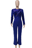 Wine Red Women's Autumn Winter Velvet Sequins Mesh Spaghetti Spliced Back Zipper Wide Leg Jumpsuits Q981-3