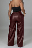 Coffee Casul Pure Color Leather Fashion Wide Leg Pants BBN211-3