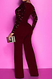 Black Women's Autumn Winter Velvet Sequins Mesh Spaghetti Spliced Back Zipper Wide Leg Jumpsuits Q981-2
