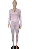 Pink Women's Sport Fashion Casual Solid Color Zipper Bodycon Pants Sets SH7291-3