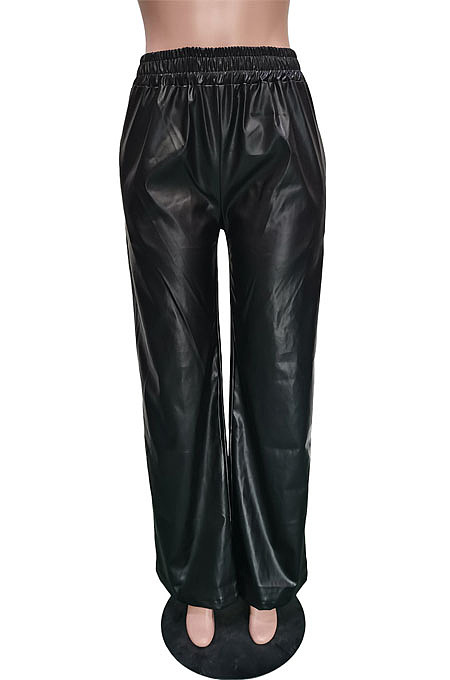 Wine Red Casul Pure Color Leather Fashion Wide Leg Pants BBN211-2
