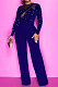 Blue Women's Autumn Winter Velvet Sequins Mesh Spaghetti Spliced Back Zipper Wide Leg Jumpsuits Q981-1