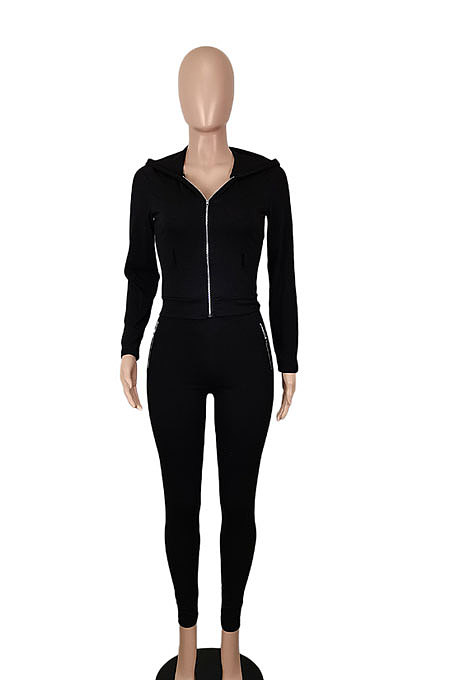 Black Women's Sport Fashion Casual Solid Color Zipper Bodycon Pants Sets SH7291-1