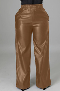Coffee Casul Pure Color Leather Fashion Wide Leg Pants BBN211-3