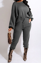 Grey Simple Velvet Pure Color Long Sleeve Hoodie Trousers Sport Suit BM7237-2