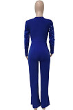 Wine Red Women's Autumn Winter Velvet Sequins Mesh Spaghetti Spliced Back Zipper Wide Leg Jumpsuits Q981-3