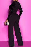 Blue Women's Autumn Winter Velvet Sequins Mesh Spaghetti Spliced Back Zipper Wide Leg Jumpsuits Q981-1