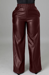 Wine Red Casul Pure Color Leather Fashion Wide Leg Pants BBN211-2