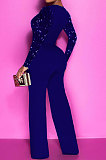 Black Women's Autumn Winter Velvet Sequins Mesh Spaghetti Spliced Back Zipper Wide Leg Jumpsuits Q981-2