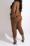 Coffee Simple Velvet Pure Color Long Sleeve Hoodie Trousers Sport Suit BM7237-1