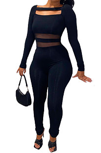 Black Euramerican Woem's Sexy Mesh Spliced Pure Color Bodycon Jumpsuits BYQ3116
