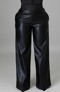 Black Casul Pure Color Leather Fashion Wide Leg Pants BBN211-1