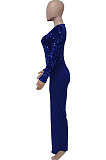 Wine Red Women's Autumn Winter Velvet Sequins Mesh Spaghetti Spliced Back Zipper Wide Leg Jumpsuits Q981-3