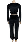 Black Casual Velvet Long Sleeve Round Neck Crop Jogger Pants Plain Suit CYY00038-3