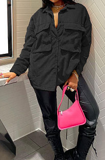Black Women's Autumn Winter Solid Color Casual Single-Breasted Pocket Corduroy Outerwear BYQ3118-3