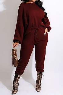 Wine Red Simple Velvet Pure Color Long Sleeve Hoodie Trousers Sport Suit BM7237-4