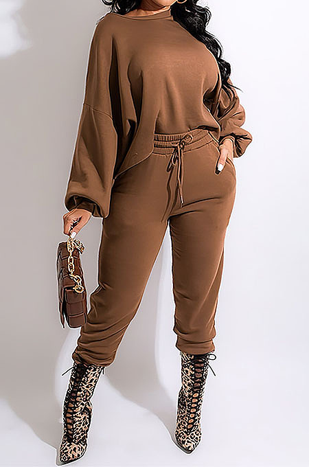 Coffee Simple Velvet Pure Color Long Sleeve Hoodie Trousers Sport Suit BM7237-1
