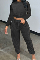 Black Casual Velvet Long Sleeve Round Neck Crop Jogger Pants Plain Suit CYY00038-3