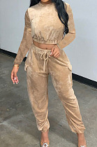 Champagne Casual Velvet Long Sleeve Round Neck Crop Jogger Pants Plain Suit CYY00038-1