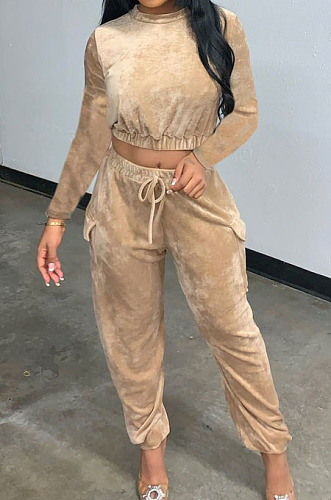 Champagne Casual Velvet Long Sleeve Round Neck Crop Jogger Pants Plain Suit CYY00038-1