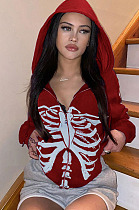 Red New Sternum Pattern Long Sleeve Zipper Hoodie Tops HC17518-1