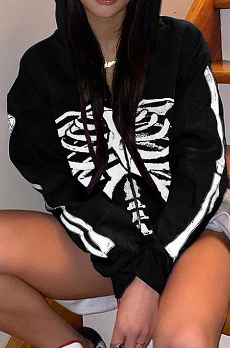 Black New Sternum Pattern Long Sleeve Zipper Hoodie Tops HC17518-2